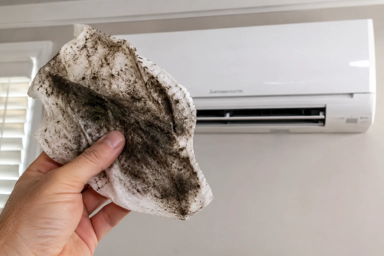 A cloth covered in dark grime wiped from inside a heat pump
