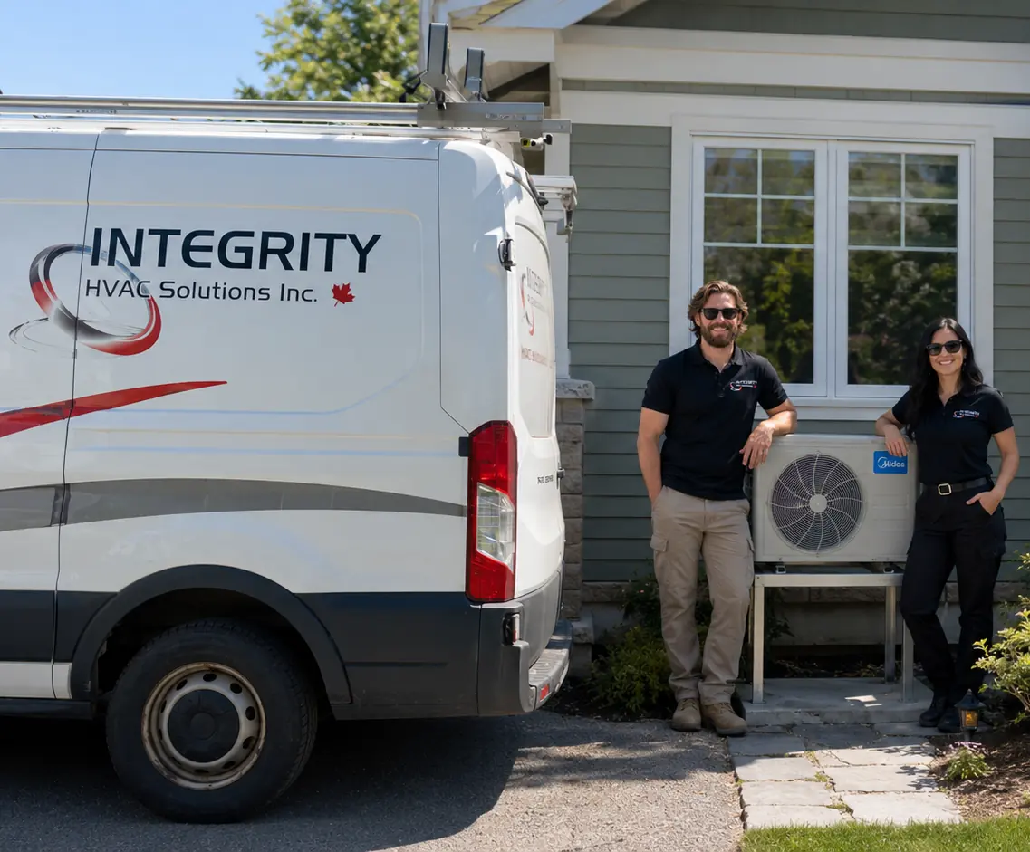 The Integrity HVAC Solutions team beside their branded service van and a freshly installed heat pump